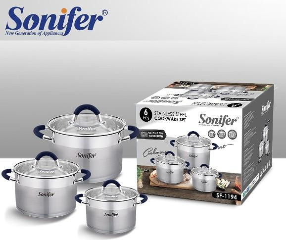 سرویس قابلمه استیل ۶ پارچه سونیفر مدل SF-1194 با درب شیشهای